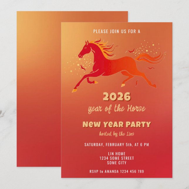 Chinese New Year 2026 Horse New Year Party Inbjudningar (Fram/baksida)