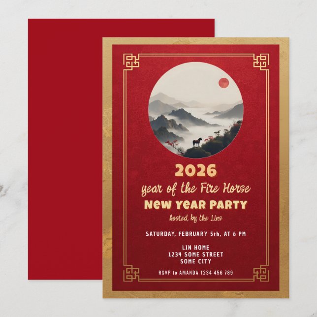 Chinese New Year 2026 Horse New Year Party Inbjudningar (Fram/baksida)