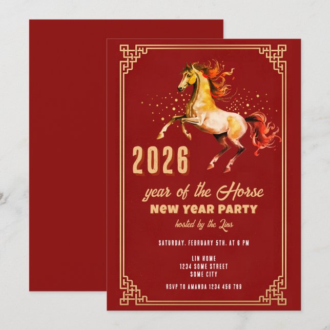 Chinese New Year 2026 Horse New Year Party Inbjudningar (Fram/baksida)
