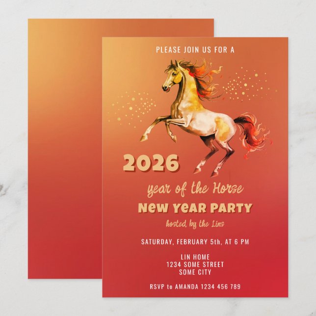 Chinese New Year 2026 Horse New Year Party Inbjudningar (Fram/baksida)