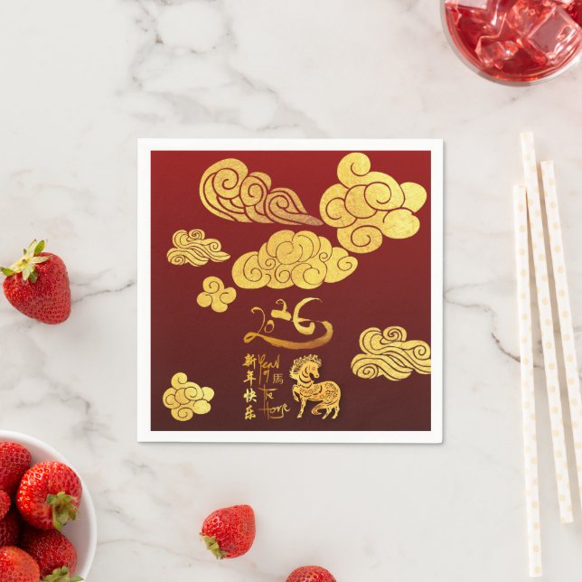 Chinese New Year Horse 2026 Gold Clouds PPN Pappersservett (Insitu)