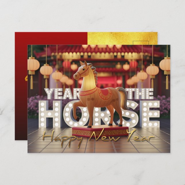 Chinese New Year Horse Disco style with Texts HPc Vykort (Fram/baksida)