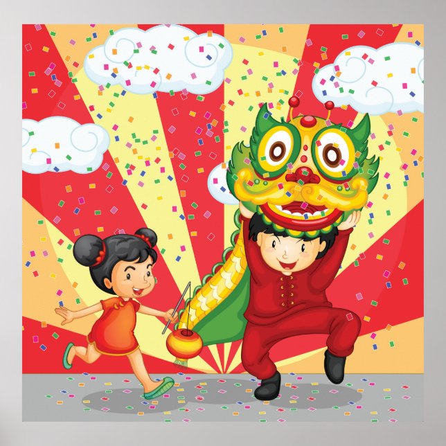 Chinese New Year Kids Lion Dance and Lantern Poster (Framsidan)