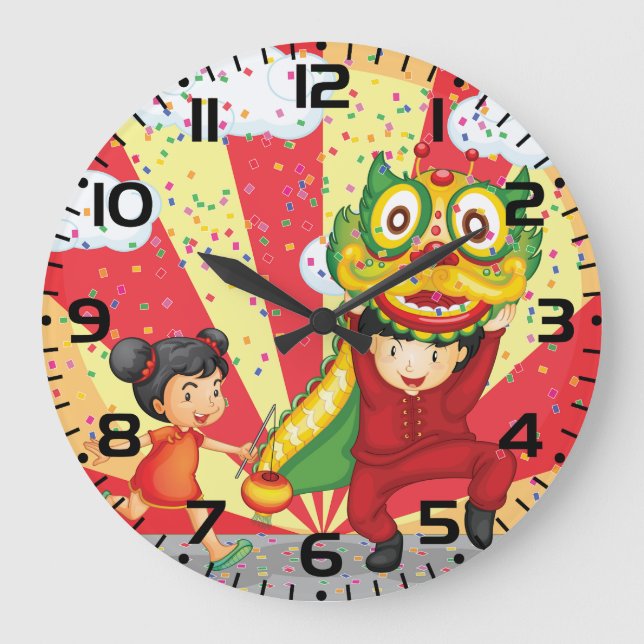 Chinese New Year Kids Lion Dance and Lantern Stor Klocka (Framsida)