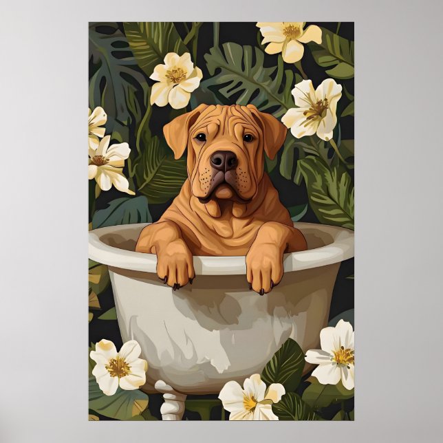 Chinese Shar Pei In Bathtub Poster, Funny Dog Poster (Framsidan)