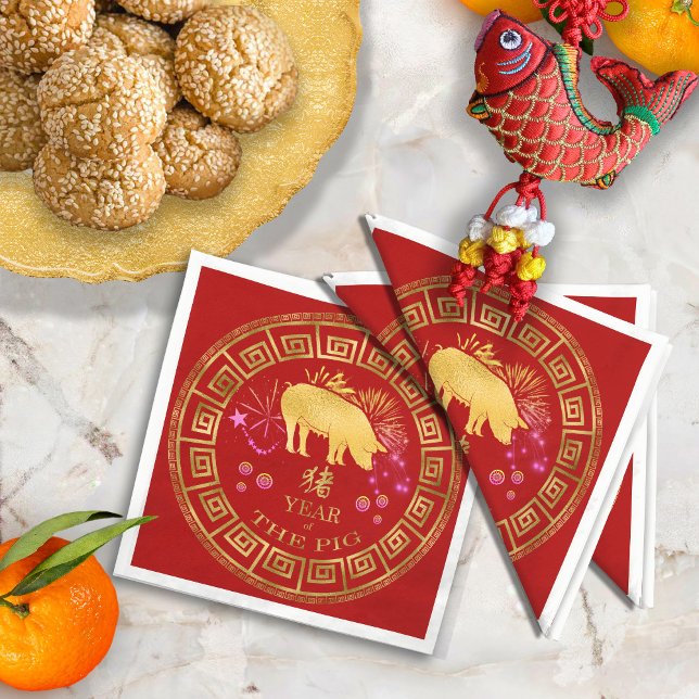 Chinese Zodiac Pig Red/Gold ID542 Pappersservett (Skapare uppladdad)