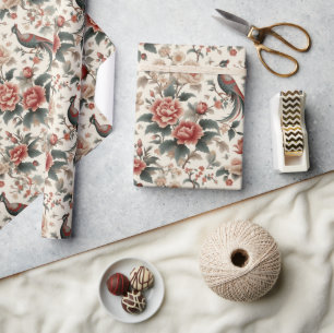 Chinoiserie Asian Bird White Red Blommigt Presentpapper