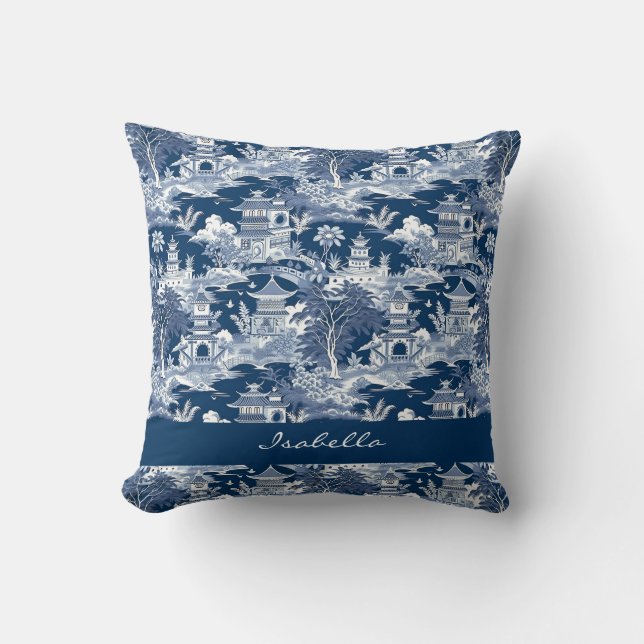 Chinoiserie Asian Ligcape Painting Blue White Kudde (Framsida)