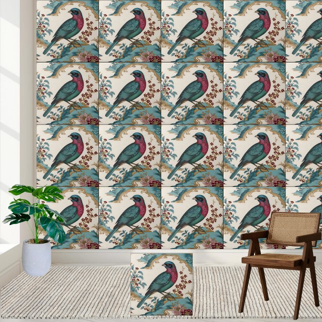 Chinoiserie Bird and Blommigt Tile Kakelplatta (Chinoiserie Bird and Floral Tile)