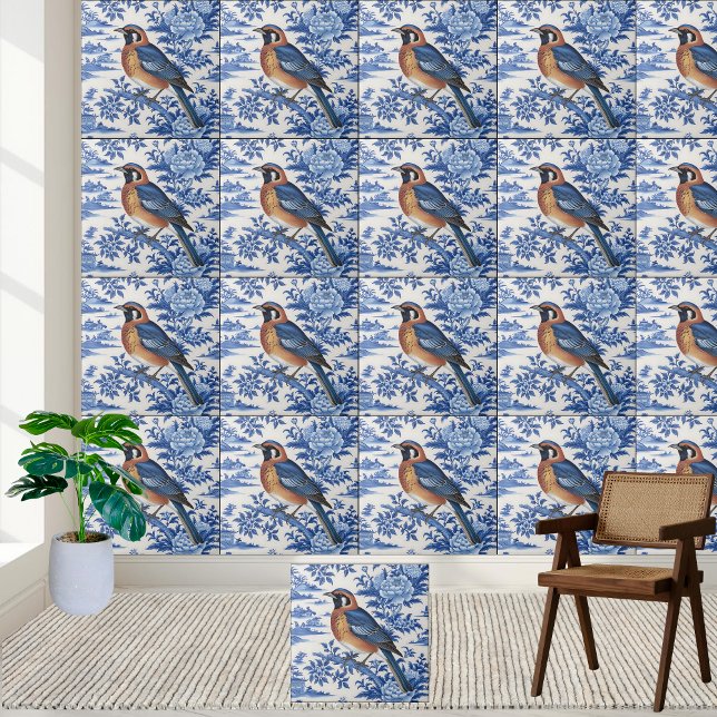 Chinoiserie Bird and Blommigt Tile Kakelplatta (Chinoiserie Bird and Floral Tile)