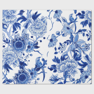 Chinoiserie Bird Blommigt Blue White Decoupage Presentpapper