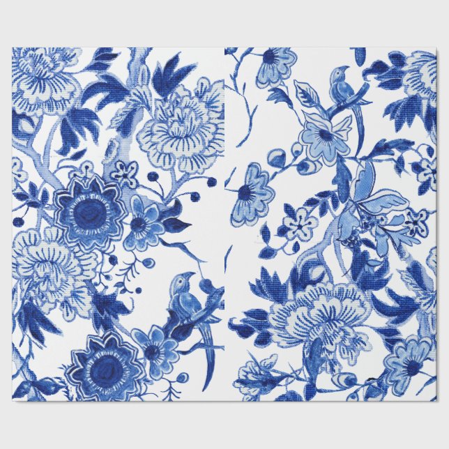 Chinoiserie Bird Blommigt Blue White Decoupage Presentpapper (Seam)