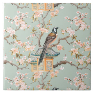Chinoiserie Bird & Blossom Blush Sage Ceramic Tile Kakelplatta