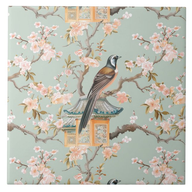 Chinoiserie Bird & Blossom Blush Sage Ceramic Tile Kakelplatta (Framsidan)