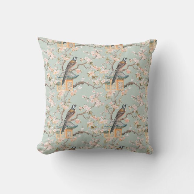 Chinoiserie Bird & Rosa Blommar Dekorativ kudde (Framsida)