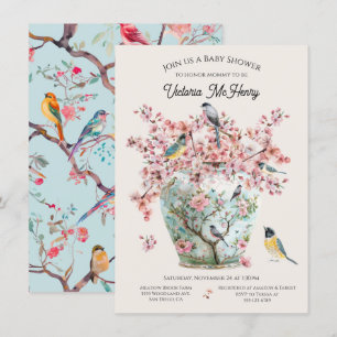 Chinoiserie Birds Cherry Blommar Baby Shower Vas Inbjudningar