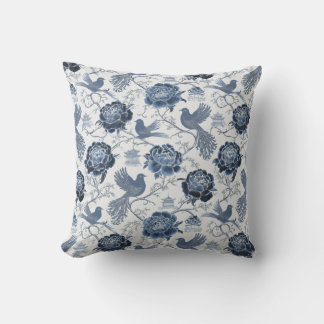 Chinoiserie Blå Blommiga Fåglar och Pagoddesign Kudde