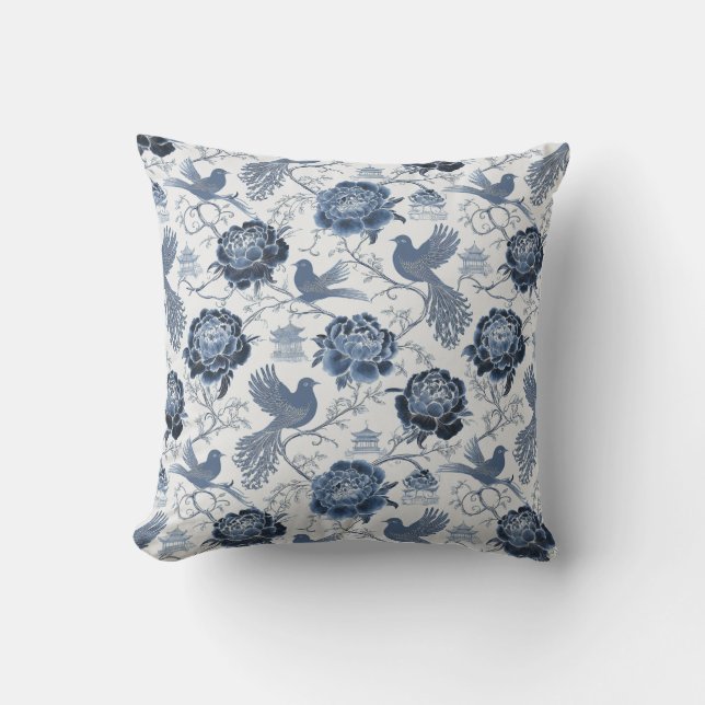 Chinoiserie Blå Blommiga Fåglar och Pagoddesign Kudde (Framsida)