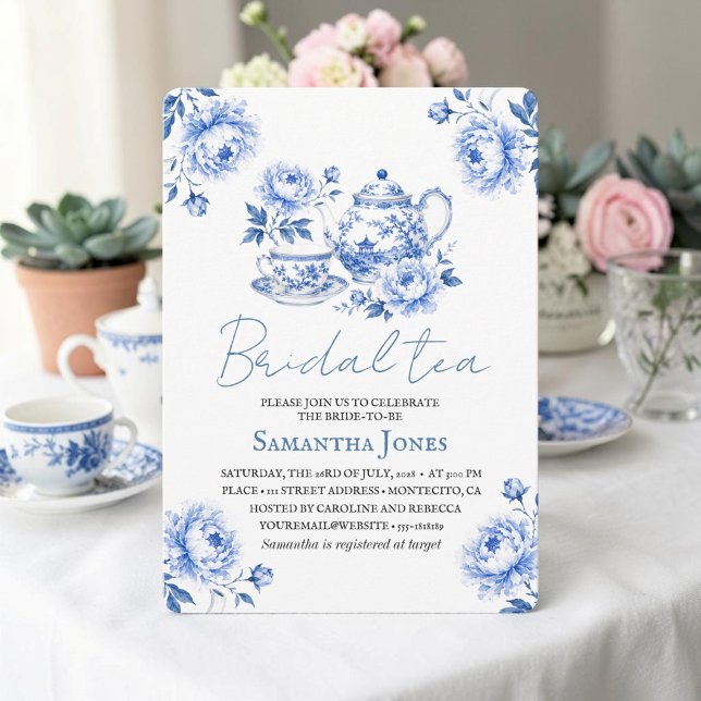 Chinoiserie Blå Blomsterrine Bröllopsdusch  Inbjudningar (Skapare uppladdad)
