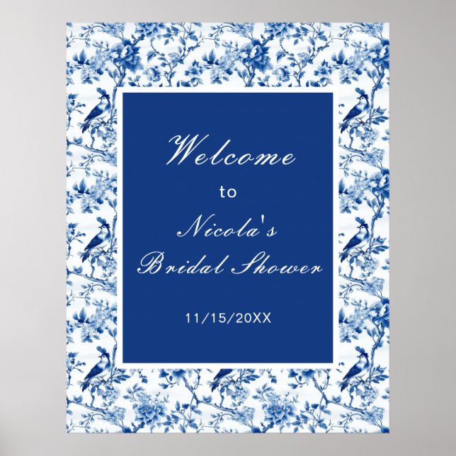 Chinoiserie Blå Fåglar och Blommor Bröllopsdusch Poster (Framsidan)