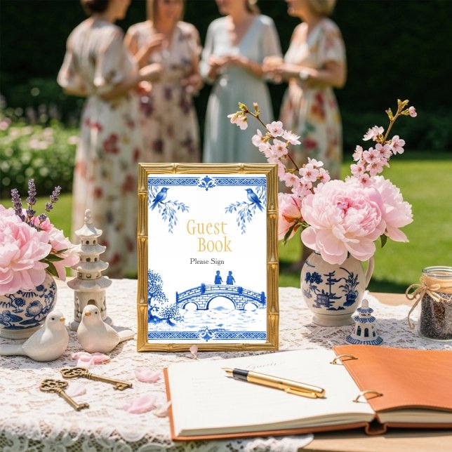 Chinoiserie Blå Gästbok Bröllopsdusch Skylt Inbjudningar (Chinoiserie Blue Guest Book Bridal shower Sign)
