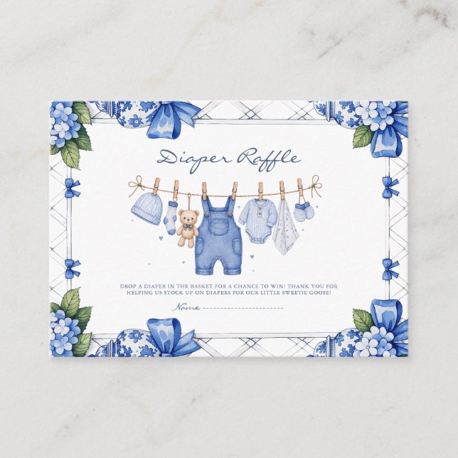 Chinoiserie Blå Jean Denim Blöja Lotteri Kort  (Framsida)