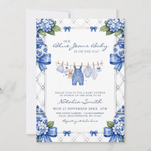 Chinoiserie Blå Jean Denim Priddy Babyfirande Inbjudningar