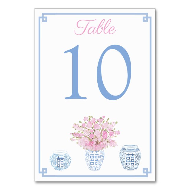 Chinoiserie Blå Och Rosa Baby Shower Lunch  Bordsnummer (Framsidan)