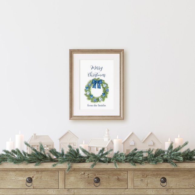 Chinoiserie Blå och Vit Julkrans Poster (Chinoiserie Christmas Wreath Poster)
