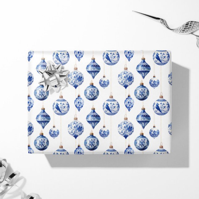 Chinoiserie Blå och Vita Juldekorationer Presentpapper (Blue Chinoiserie Ornament Gift Wrap Paper)