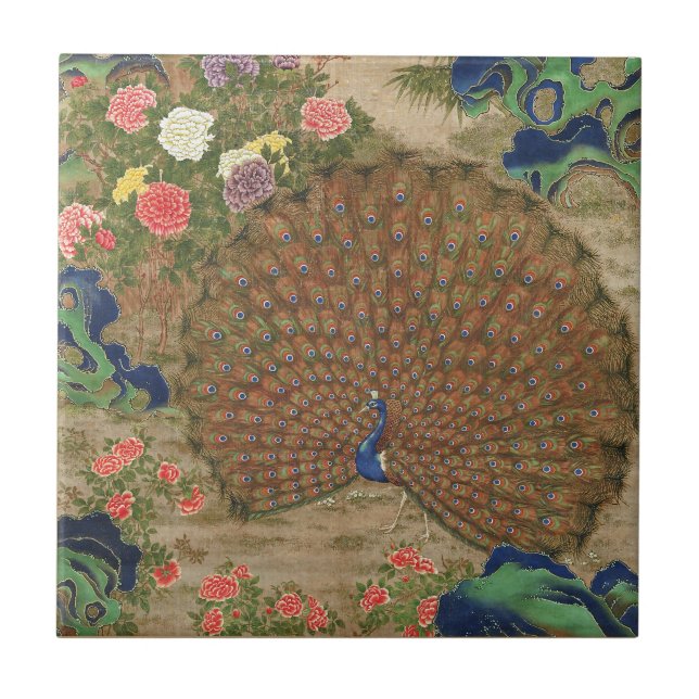 Chinoiserie Blå Påfågel med Exotisk Trädgård Kakelplatta (Framsidan)
