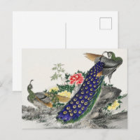 Chinoiserie Blå Påfågel Rosa Pion Botanisk Konst