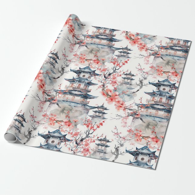 Chinoiserie Blå Pagod Rosa Blomma Floral Presentpapper (Utrullad)