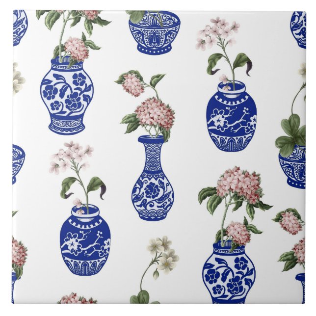 Chinoiserie blå vaser och blommor  kakelplatta (Framsidan)