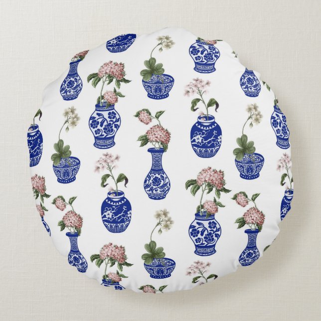 Chinoiserie blå vaser och blommor  rund kudde (Baksidan)