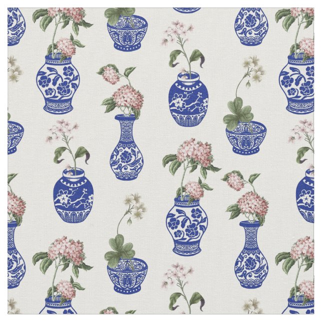 Chinoiserie blå vaser och blommor  tyg (Närbild)