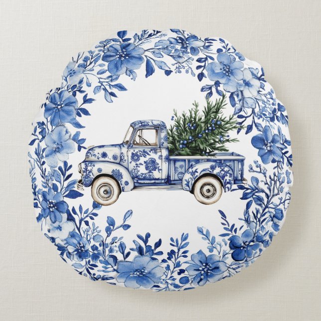 Chinoiserie Blå Vit Blommig Jul Lastbil Rund Kudde (Framsidan)