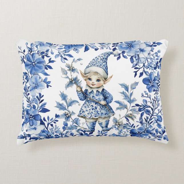Chinoiserie Blå Vit Blommig Jul Tomte Prydnadskudde (Framsidan)