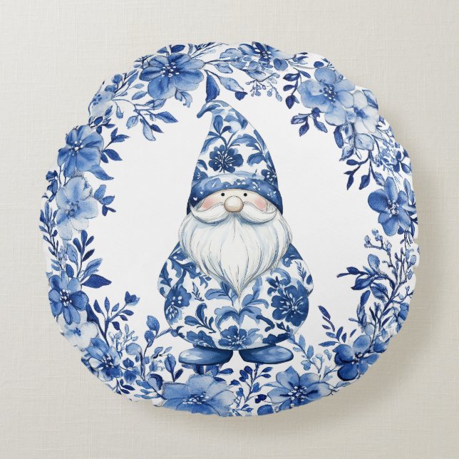 Chinoiserie Blå Vit Blommig Jultomte Rund Kudde (Framsidan)