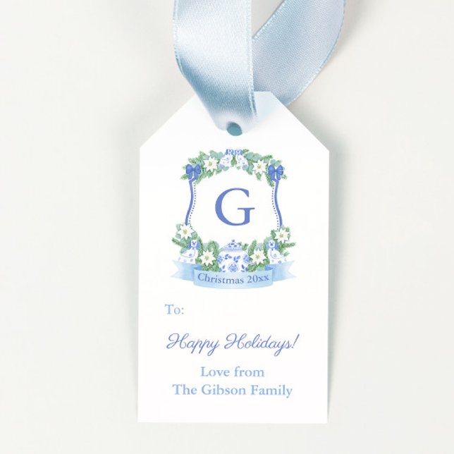Chinoiserie Blå Vit Krans God Jul Presentetikett (Blue and white pottery dogs chinoiserie monogram merry christmas gift tags)