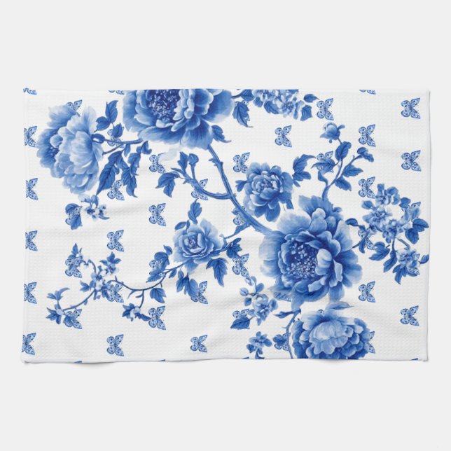 Chinoiserie Blå Vita Fjäril Rosor  Kökshandduk (Horisontell)
