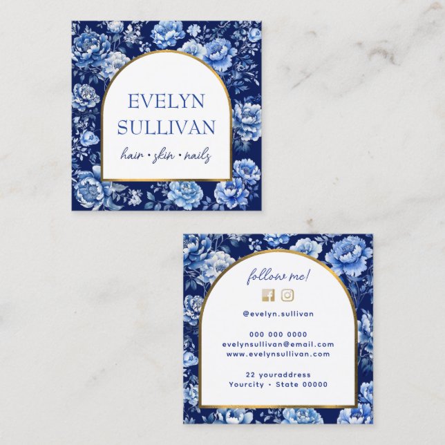 Chinoiserie blåa blommor fyrkantigt visitkort (Fram/baksida)