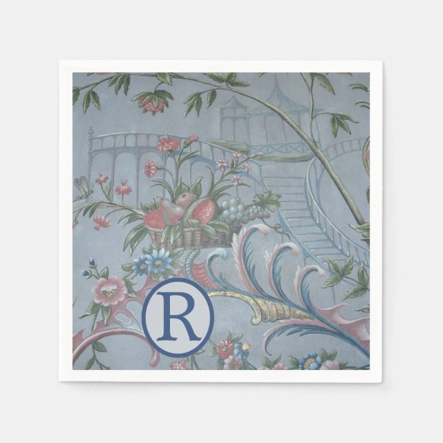 Chinoiserie Blått Kina Blommig Monogram Trädgård R Pappersservett (Framsidan)