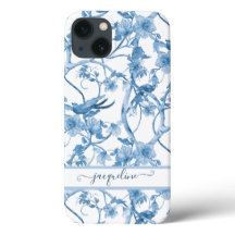 Chinoiserie Blommigt Bird Dusty Blue n White Scrip