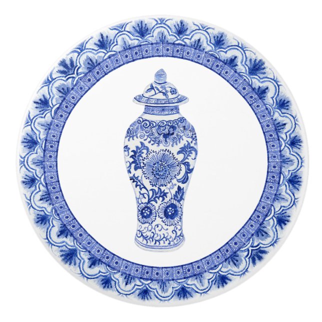Chinoiserie Blommigt Blue White Ginger Burk Vintag Knopp (Framsidan)