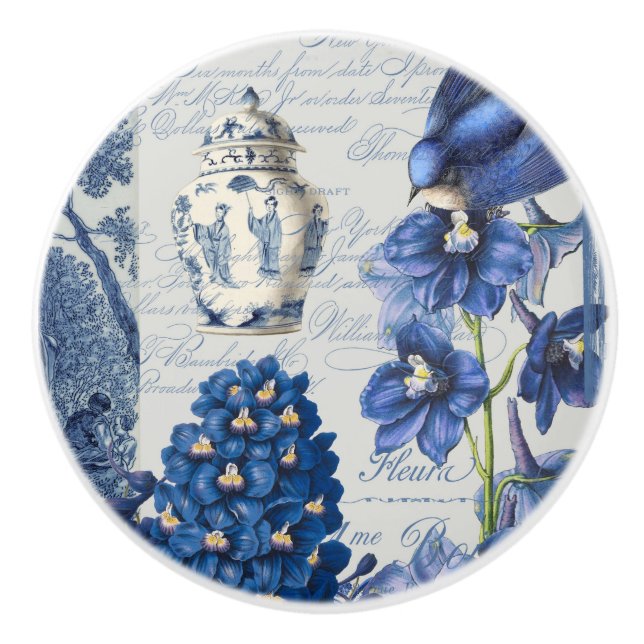 Chinoiserie Blommigt Delft Blue White Ginger Burk Knopp (Framsidan)