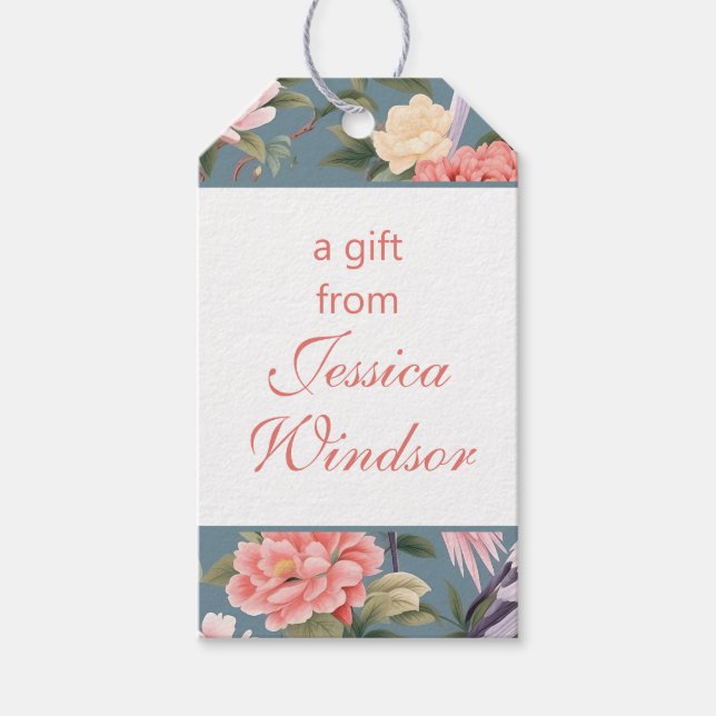 Chinoiserie Blommigt Jade Egret Presentetikett (Framsidan)