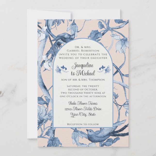 Chinoiserie Blommigt White Blue på Rosa Birds Bröl Inbjudningar (Framsida)