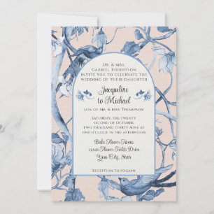 Chinoiserie Blommigt White Blue på Rosa Birds Bröl Inbjudningar