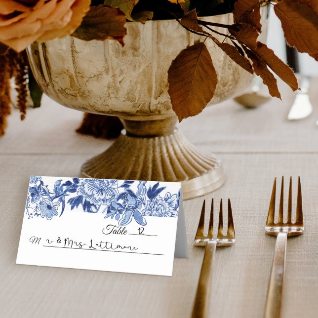 Chinoiserie Blue and White Blommigt Bird Bord Placeringskort (Skapare uppladdad)